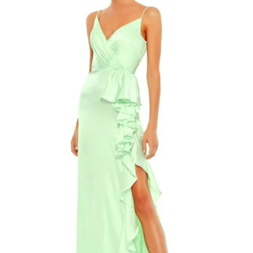 Mac Duggal Pistachio Green Ruffle Satin Trumpet Gown